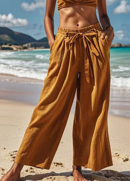 Earth Yellow Elastic Waist Bow Wide Leg Pants Summer