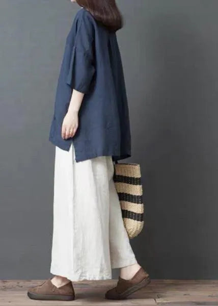 Handmade Blue Linen Cotton Low High Design Shirt Top