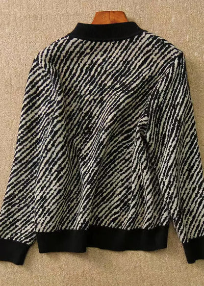 Black O-neck Zippered Striped Knit Coat Long Sleeve