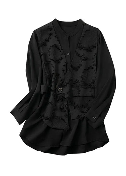 Black O-neck Patchwork Fake Two Pieces Chiffon Top Fall