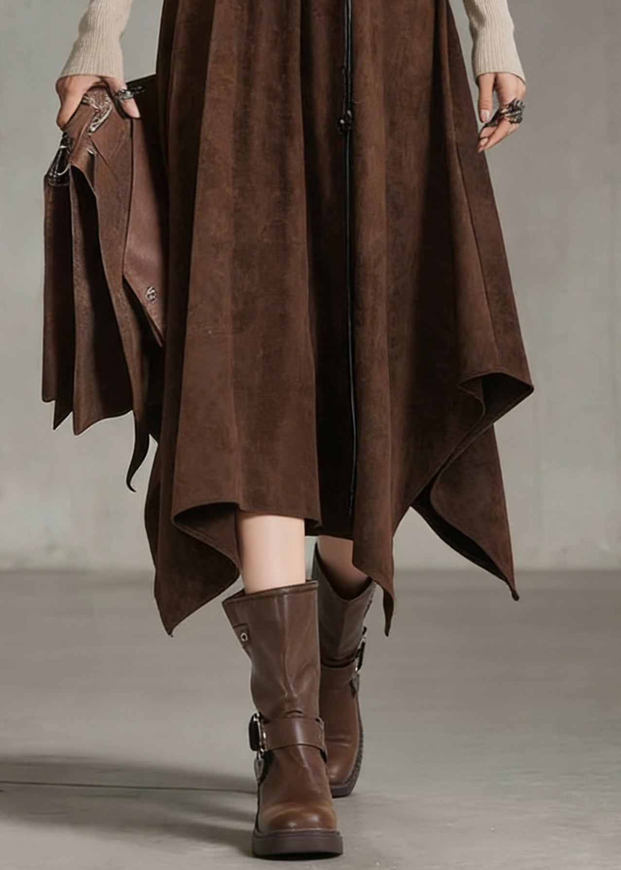 Coffee Elastic Waist Sashe Faux Suede a Line Skirts