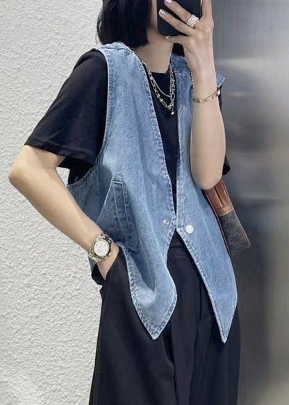 Navy Patchwork Button Denim Waistcoat Sleeveless