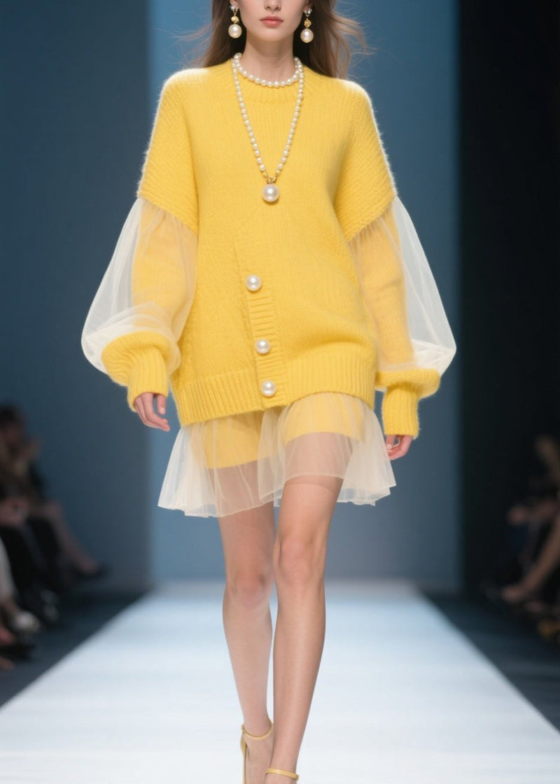 Yellow O Neck Tulle Patchwork Knit Dress Fall