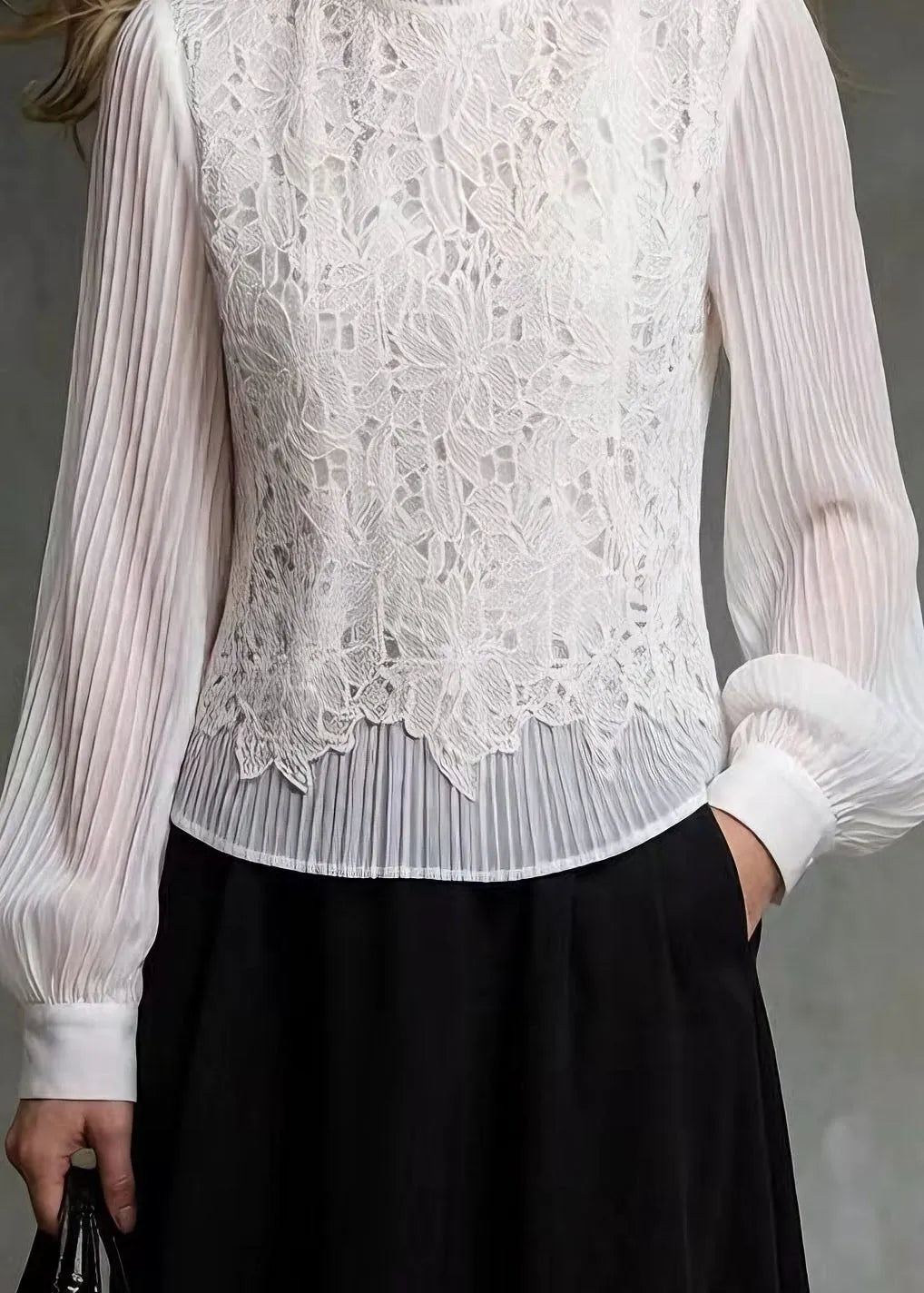 French White Ruffled Lace Patchwork Blouses Spring