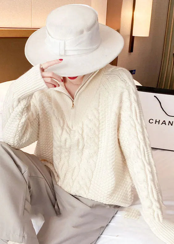 Beige Thick Knit Sweater Tops Turtle Neck Spring