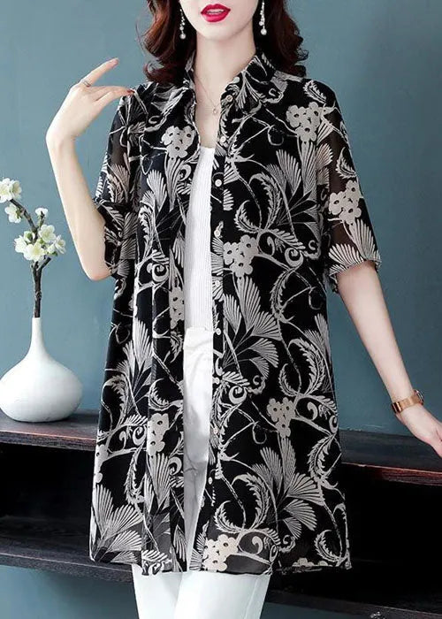 Black Turn-down Collar Print Draping Chiffon Long Shirt for Half Sleeve
