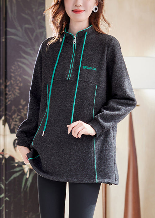 Dark Gray Zip Up Drawstring Patchwork Cotton Sweatshirts Spring