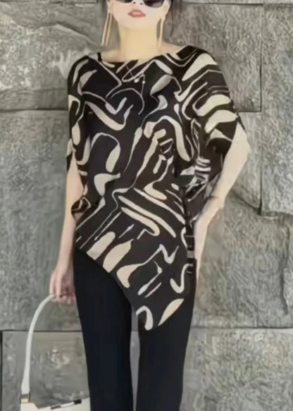 Beige Asymmetrical Print Cotton Blouse Tops Summer