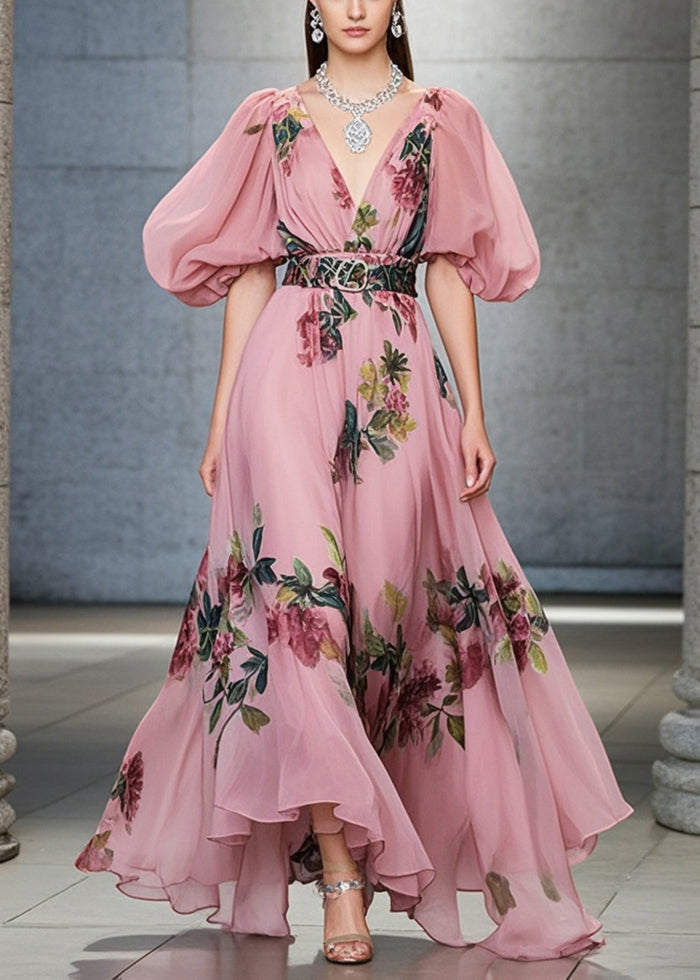 Pink Print Silm Fit Chiffon Vacation Dresses Exra Large Hem Puff Sleeve Summer