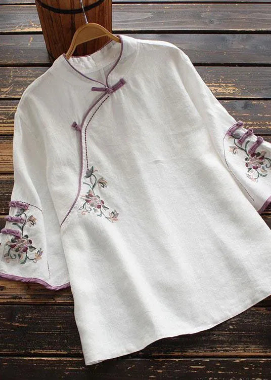 White Embroideried Button Blouse Tops Half Sleeve