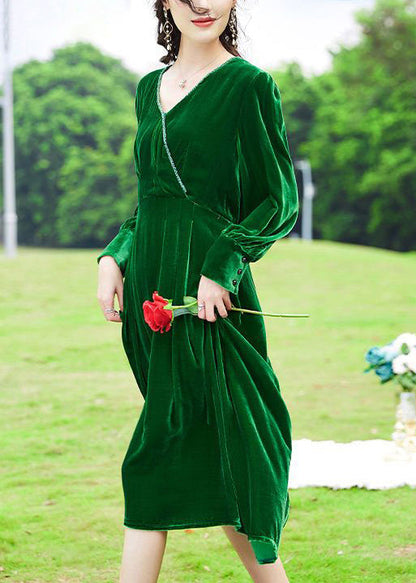 Green V Neck Patchwork Silk Velour Holiday Dress Spring