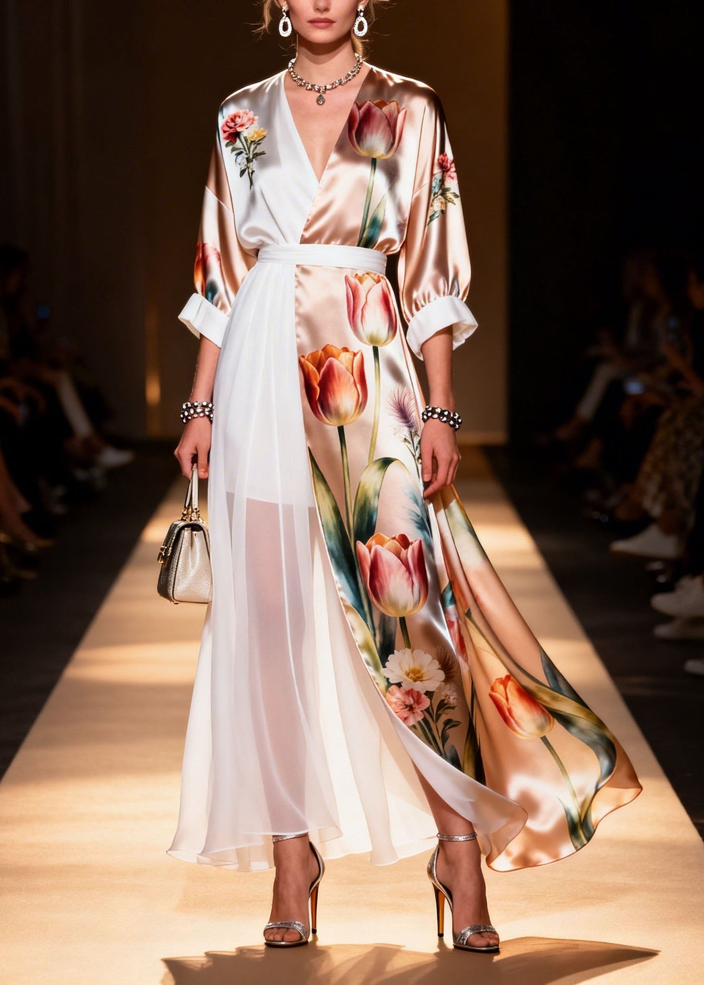 Colorblock V Neck Print Chiffon Dress Summer