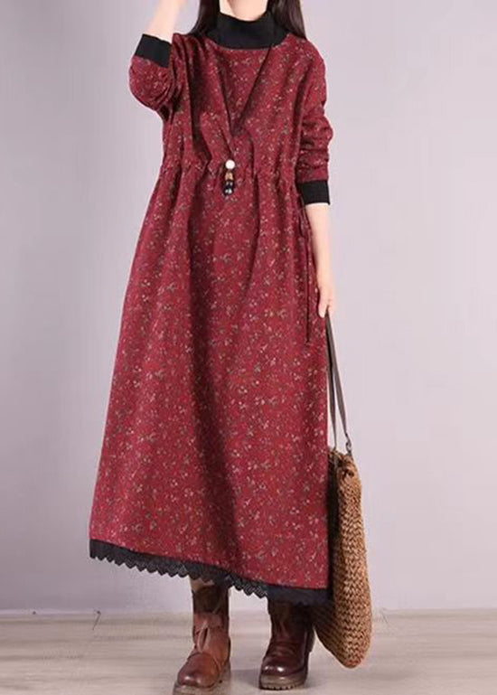 Red Print Drawstring Patchwork Warm Fleece Dresses Winter