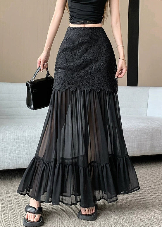 Slim Fit Black Lace High Waist Patchwork Tulle Skirts Summer