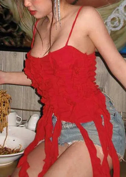 Red Asymmetrical Cotton Spaghetti Strap Tank Sleeveless