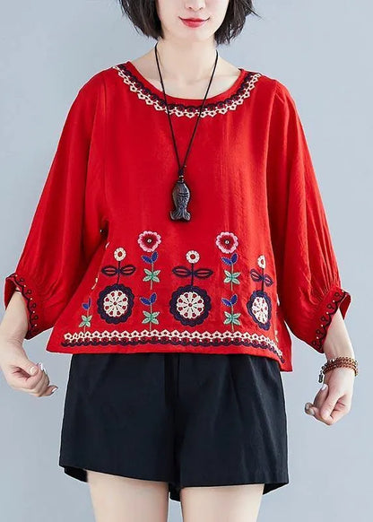 White Embroideried Batwing Sleeve Shirt Tops Summer Cotton Linen