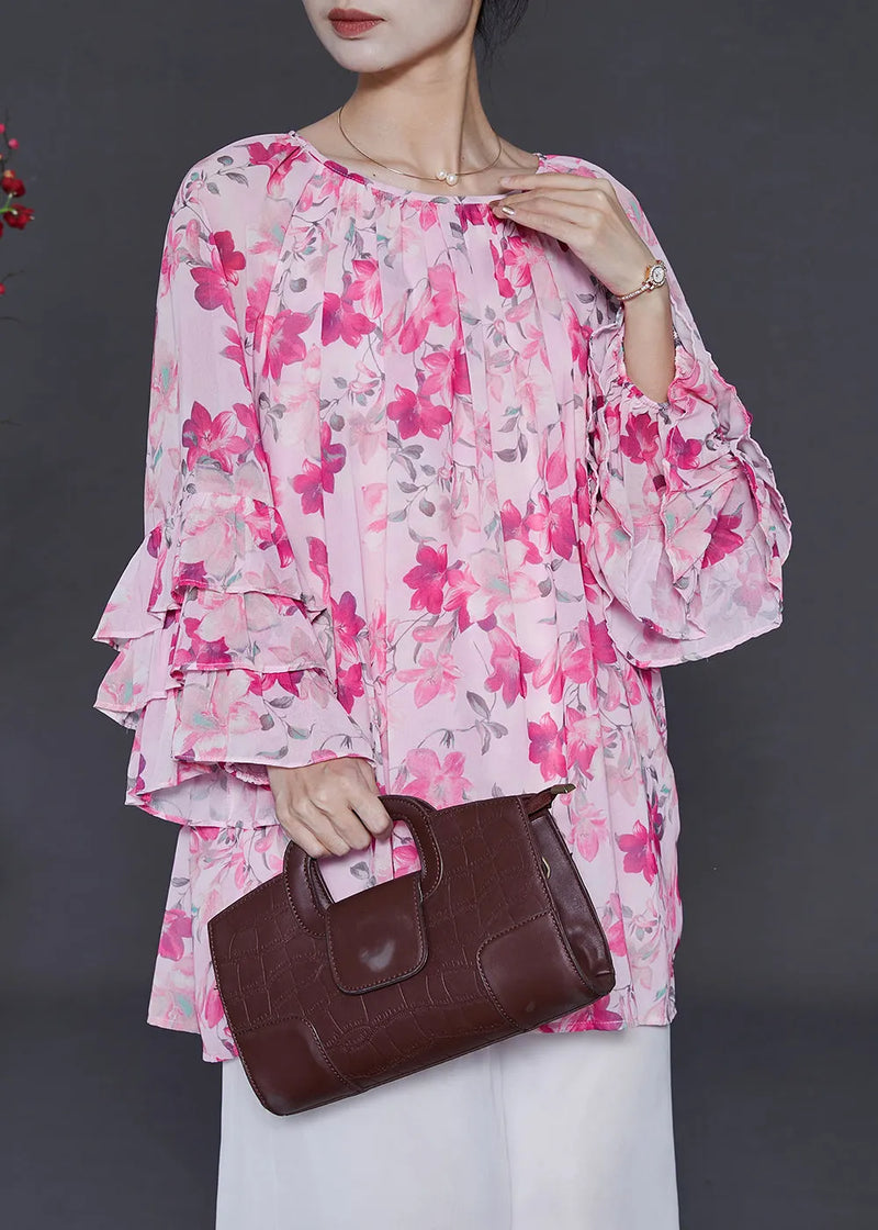 Pink Oversized Print Chiffon Shirt Top Flare Sleeve