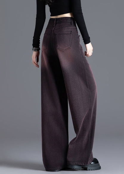 American Style Red Black High Waisted Warm Fleece Denim Wide Leg Pants Spring