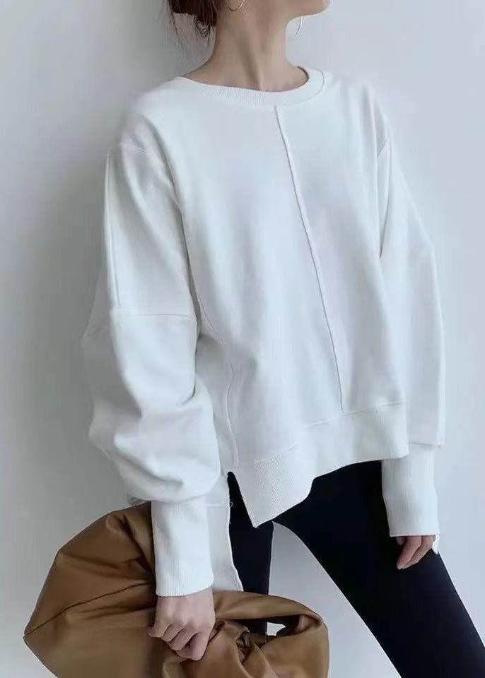 White Asymmetrical Patchwork Cotton Pullover Spring