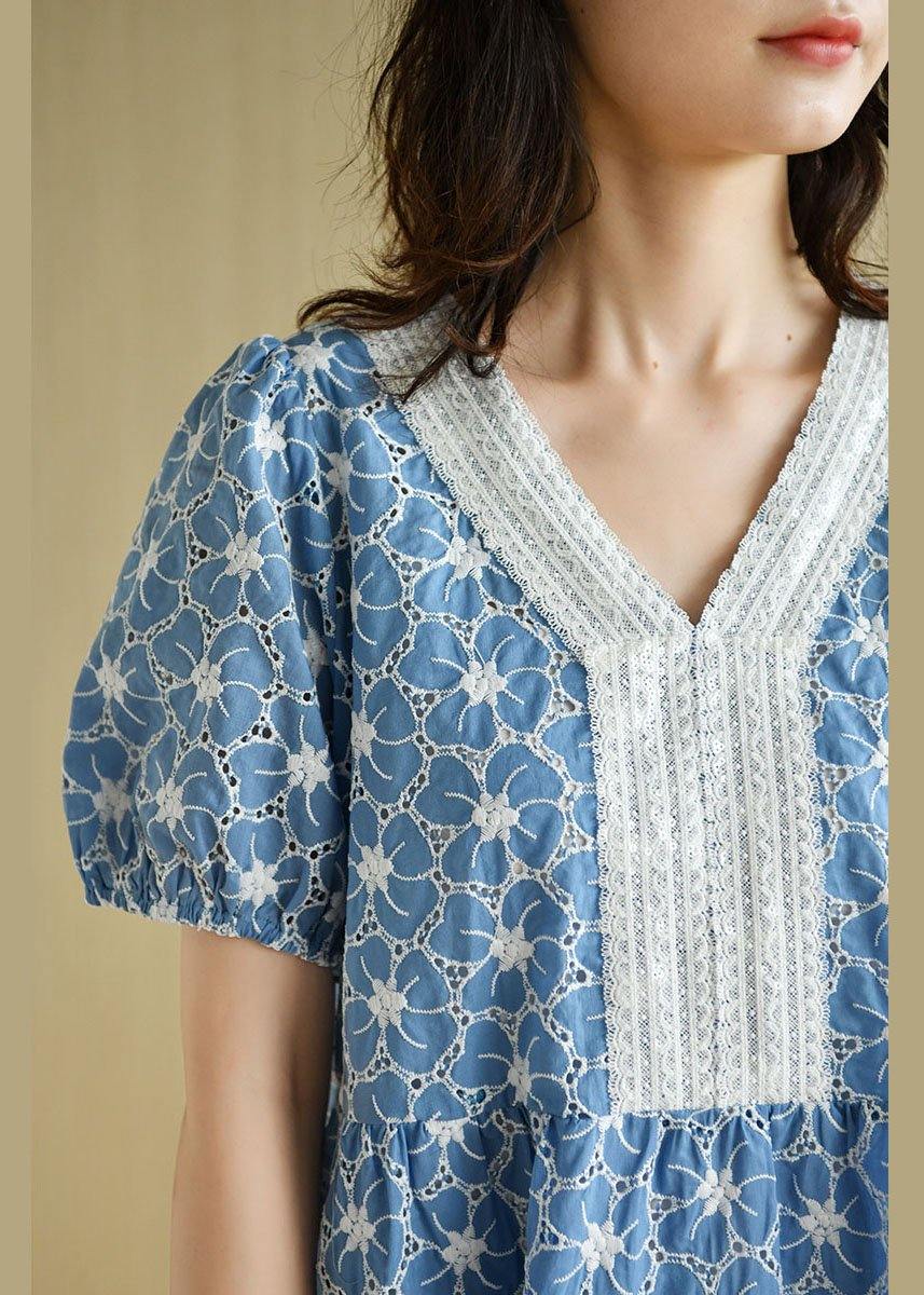 Blue Patchwork V Neck Embroideried Summer Cotton Dress Short Sleeve