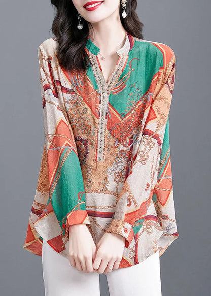 Multi Print V Neck Button Chiffon Blouse Tops Long Sleeve