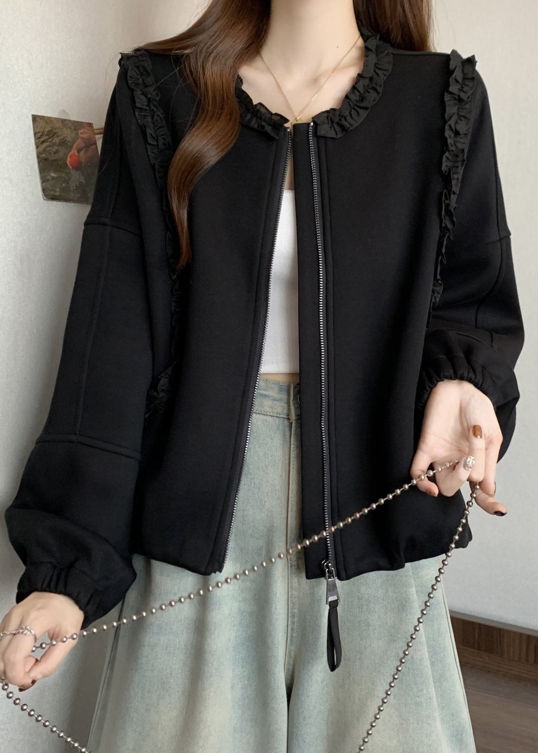 Black Zip Up Cotton Coats Ruffled Long Sleeve