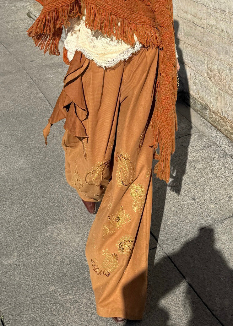 Brown Embroidered Asymmetrical Sequins Wide Leg Pants Fall