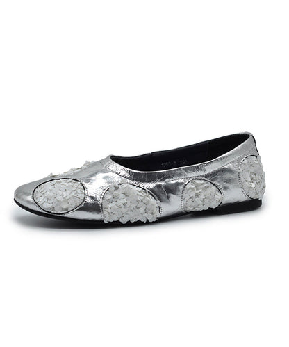 Original Design Silver Cowhide Leather Sequins Flat Shoes for