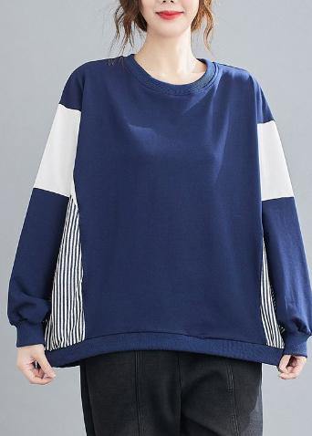 O Neck Patchwork Striped Spring Top Silhouette Sewing Blue Blouses