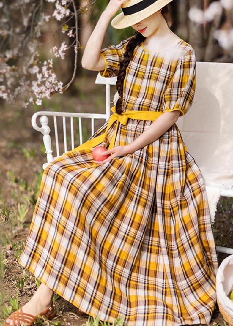 Yellow Plaid Tie Waist Mid Summer Linen Dress