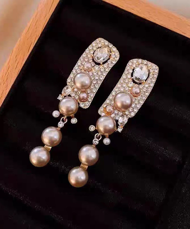 Rose Alloy Zircon Pearl Tassel Drop Earrings