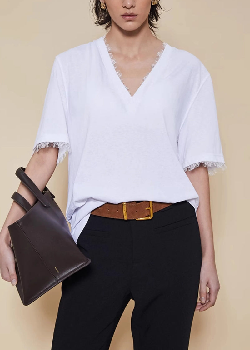 White V Neck Lace Patchwork Cotton T Shirt Summer