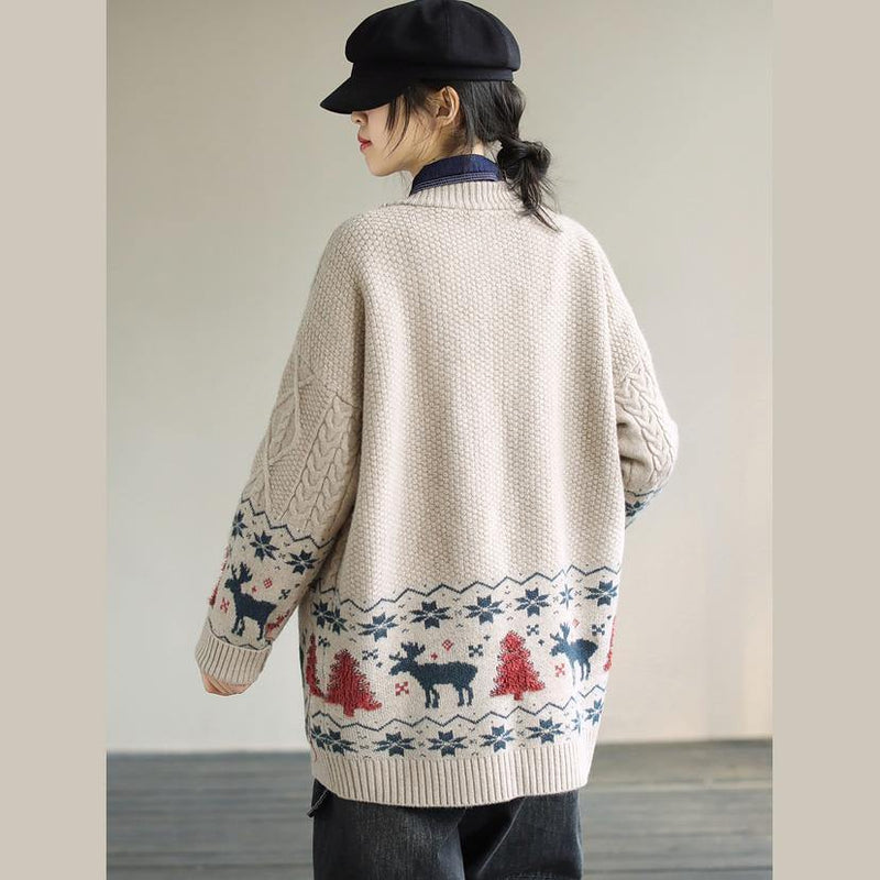For Work Spring Knit Sweat Tops Beige Deer Print Knitted Cardigans