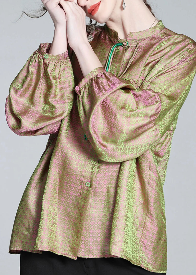 Pink Green Stand Collar Print Button Slik Shirts Lantern Sleeve