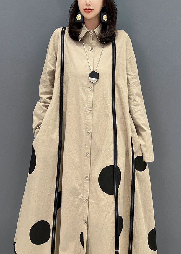 Khaki Peter Pan Collar Patchwork Dot Print Cotton Vacation Dresses Fall