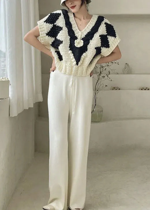 White V Neck Cozy Knit Tank Tops Sleeveless