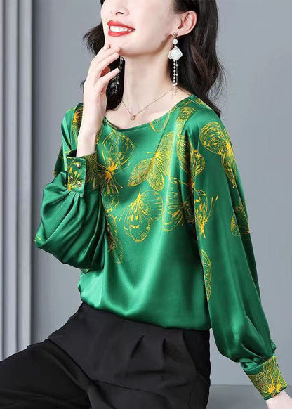 Green O-neck Butterfly Print Silk Blouse Tops Long Sleeve
