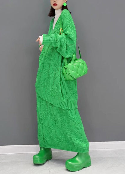 French Green V Neck Knit Sweaters and Skirts Two Piece Set Outfits Fall