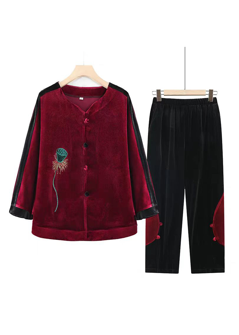 Coffee Embroidered Patchwork Velvet Two Pieces Set Fall
