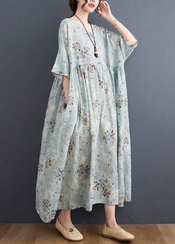 Style Light Blue Oversized Print Exra Large Hem Cotton a Line Dress Summer