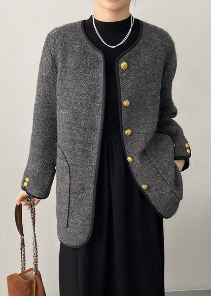 Grey O-neck Button Woolen Jackets Spring