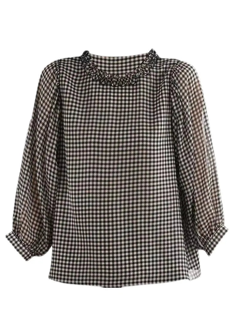 Boutique Black White Plaid O-neck Button Ruffled Silk Top Puff Sleeve