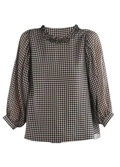 Boutique Black White Plaid O-neck Button Ruffled Silk Top Puff Sleeve