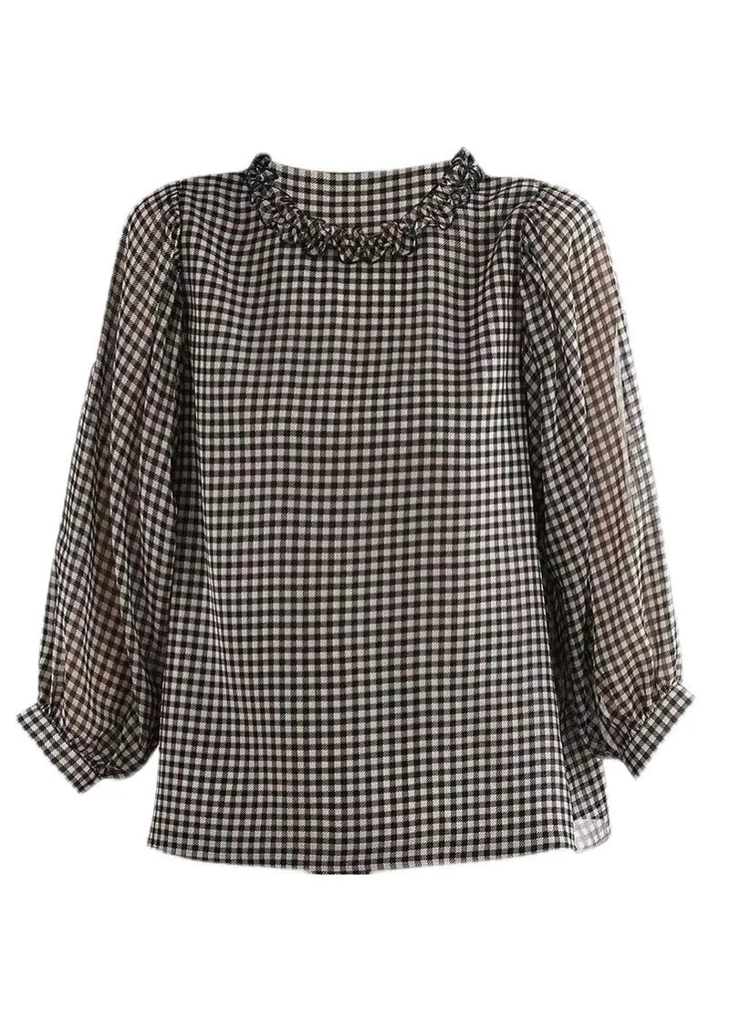 Boutique Black White Plaid O-neck Button Ruffled Silk Top Puff Sleeve