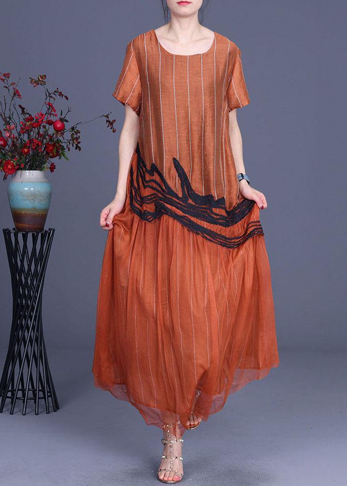 Orange Embroidery Patchwork Summer Silk Dresses Short Sleeve