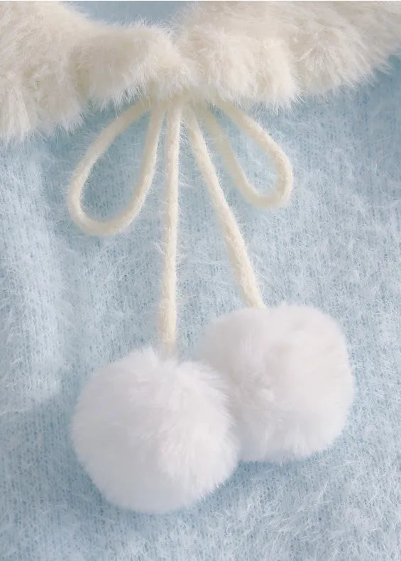 Blue Snowman Fuzzy Ball Decorated Knit Sweater Winter