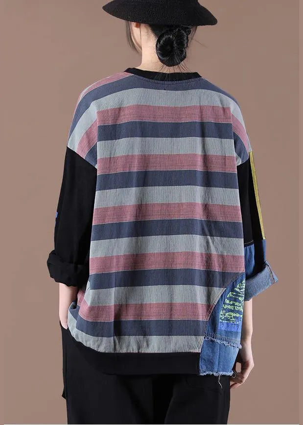 Style Patchwork Spring Shirts Black Tops