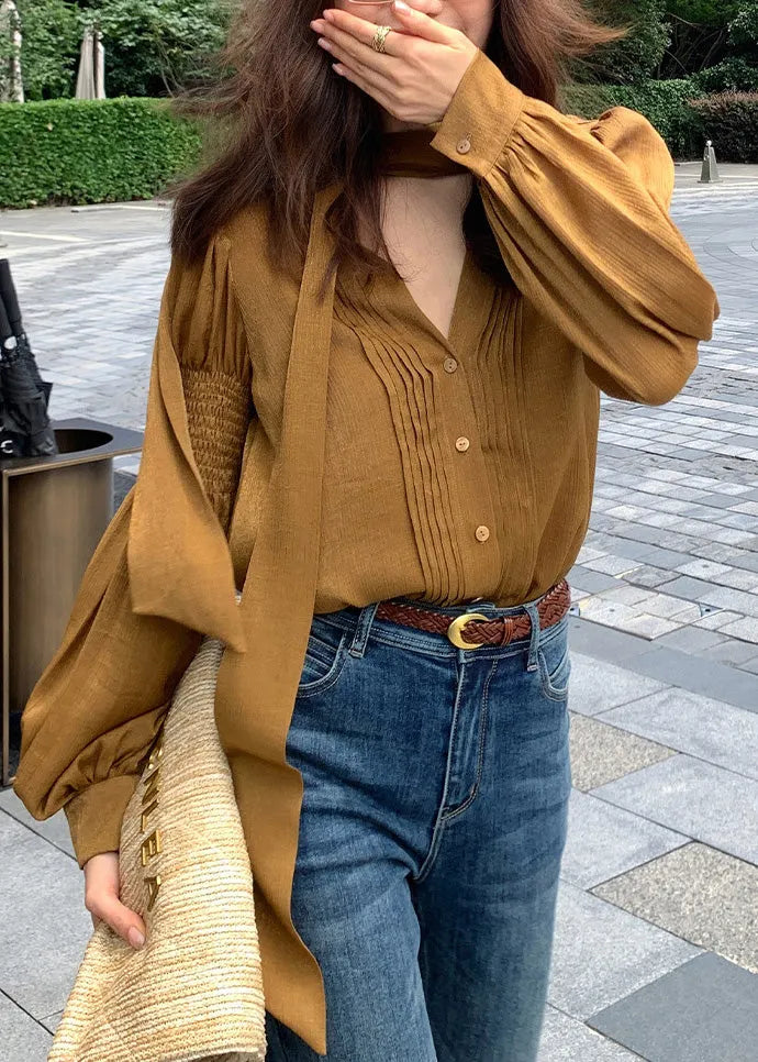 Style Khaki Neck Patchwork Wrinkled Silk Shirt Lantern Sleeve
