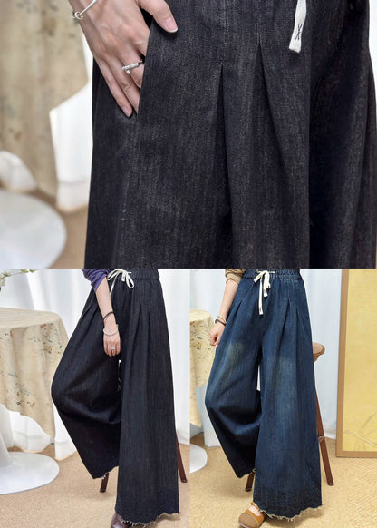 Black Pockets Elastic Waist Denim Wide Leg Pants Fall