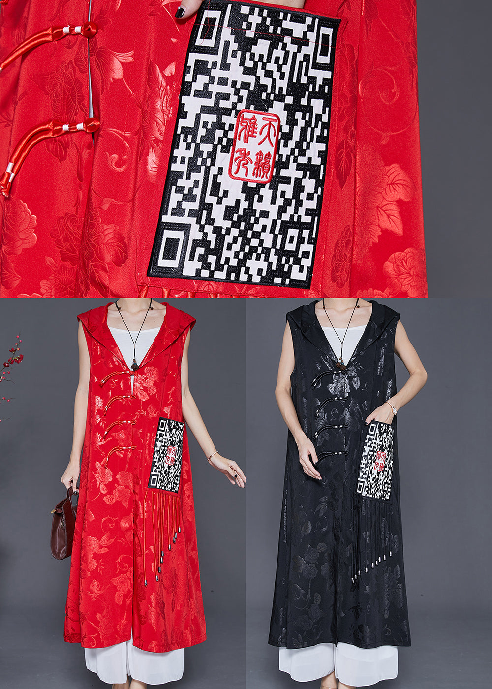 Red Jacquard Tasseled Silk Long Vest Fall